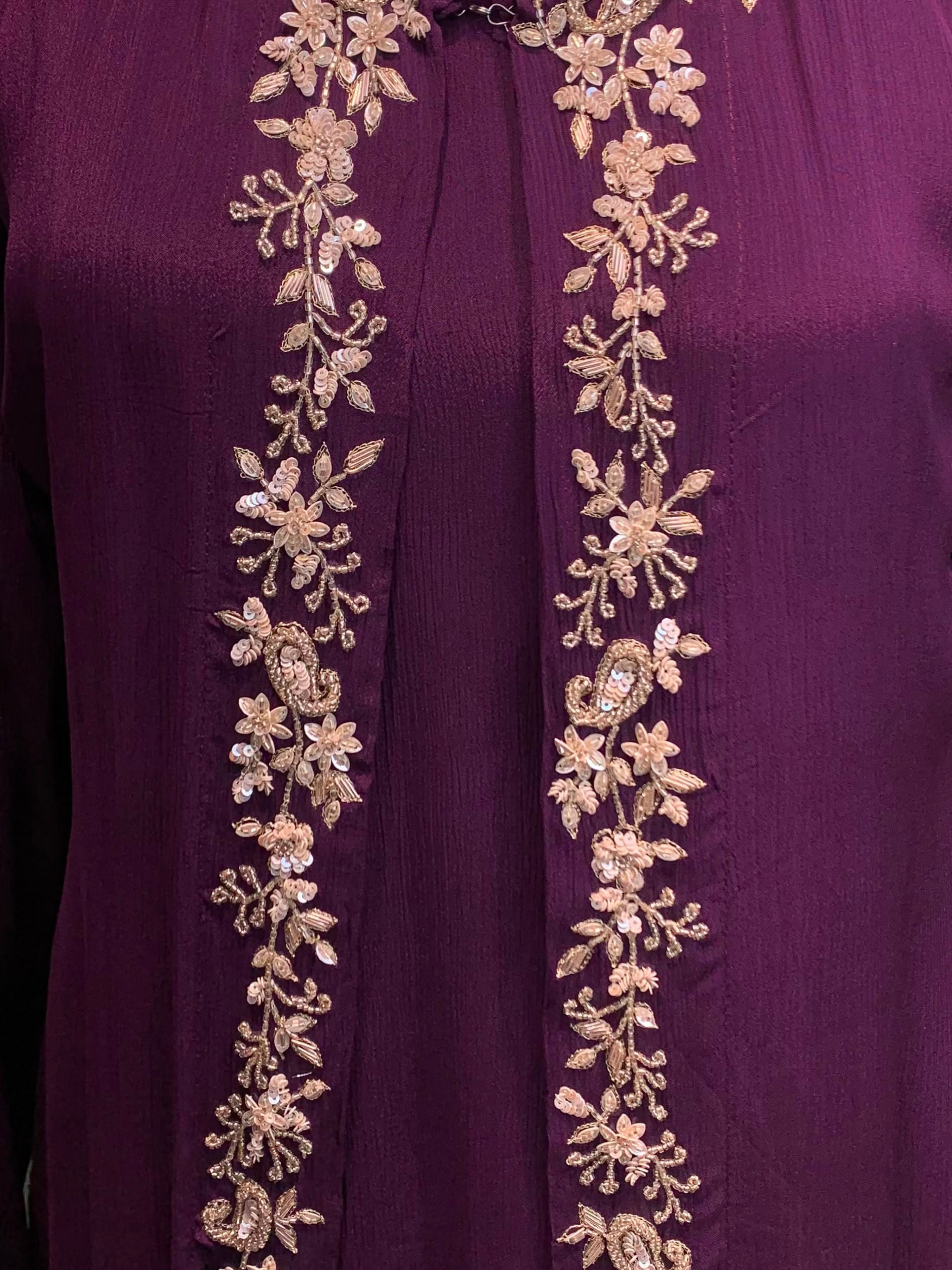 Wine Chinon Shirt, Palazzo, Shrug And Dupatta with Cutdana, Sequins, Pearl and Dabka Embroidery 5